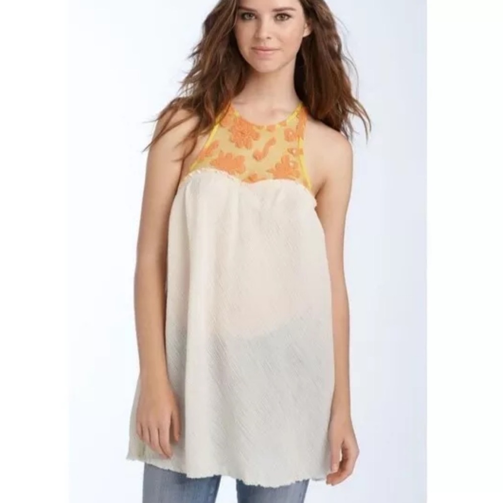 Free People Grecian Guazy Ivory Tunic Floral Lace Boho Peasant Top Size Small